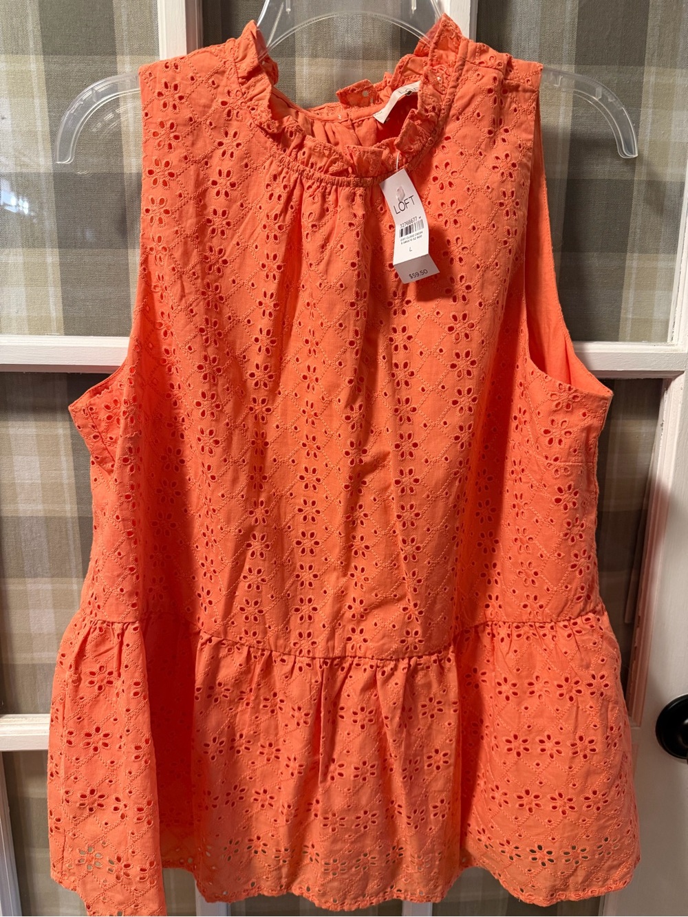 LOFT Coral Orange Eyelet Ruffle Peplum Tank Top